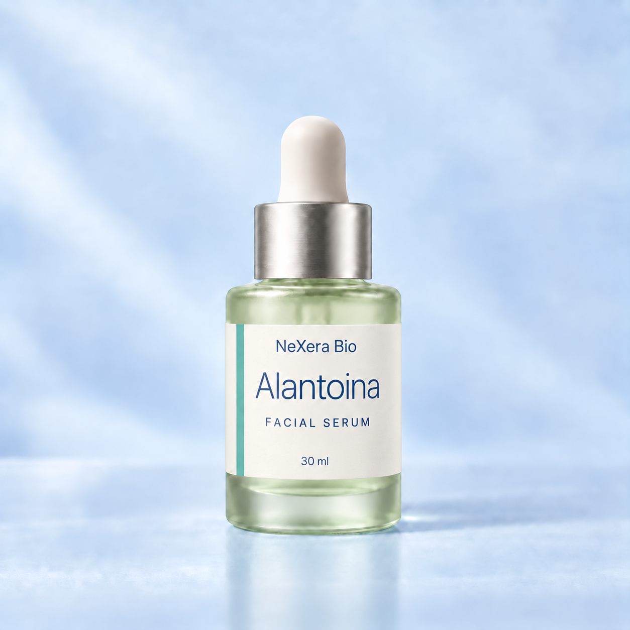 Illustrative compact NeXera Bio Alantoina dropper bottle labeled Facial serum