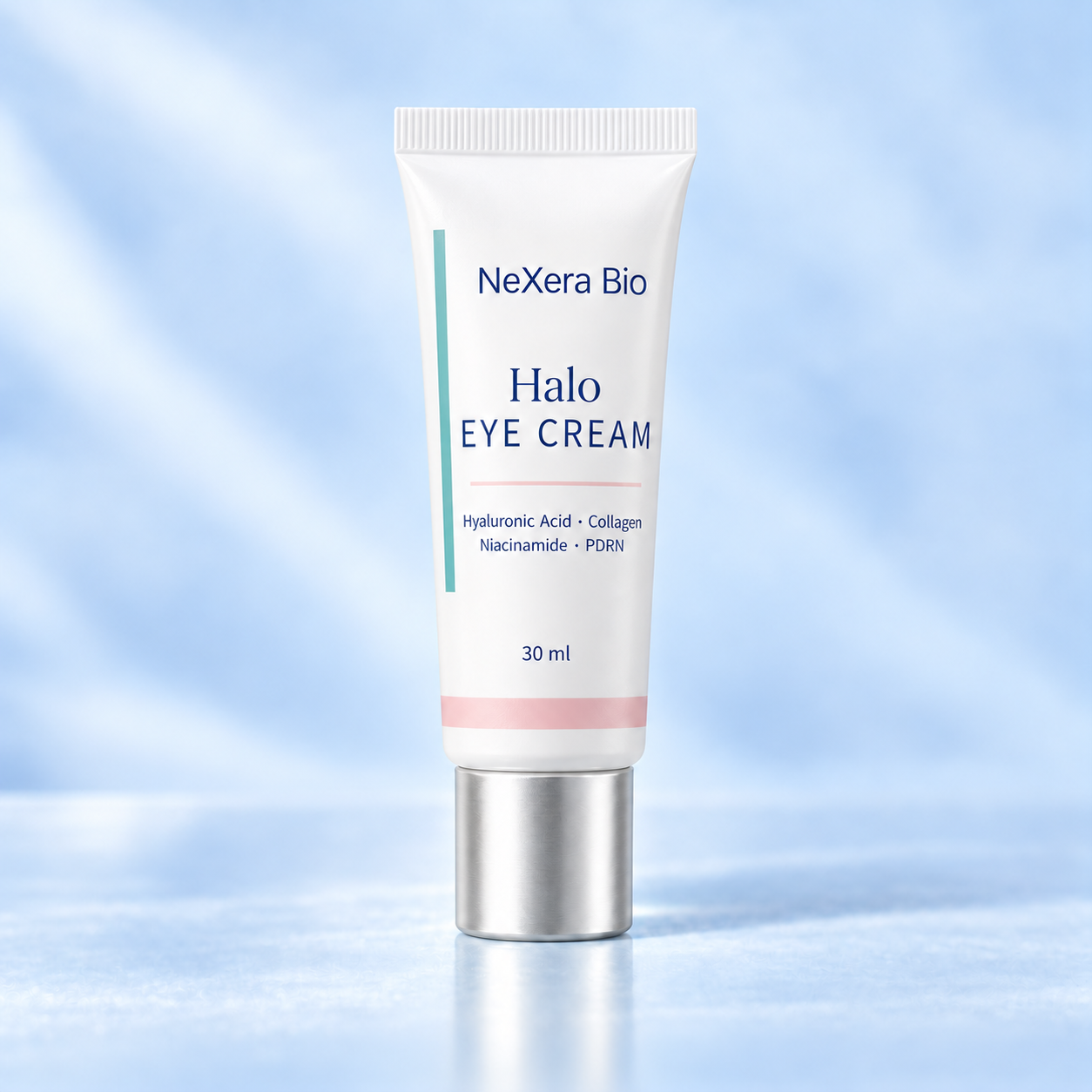 Illustrative NeXera Bio Halo Eye Cream tube with a silver cap, labeled 30 ml