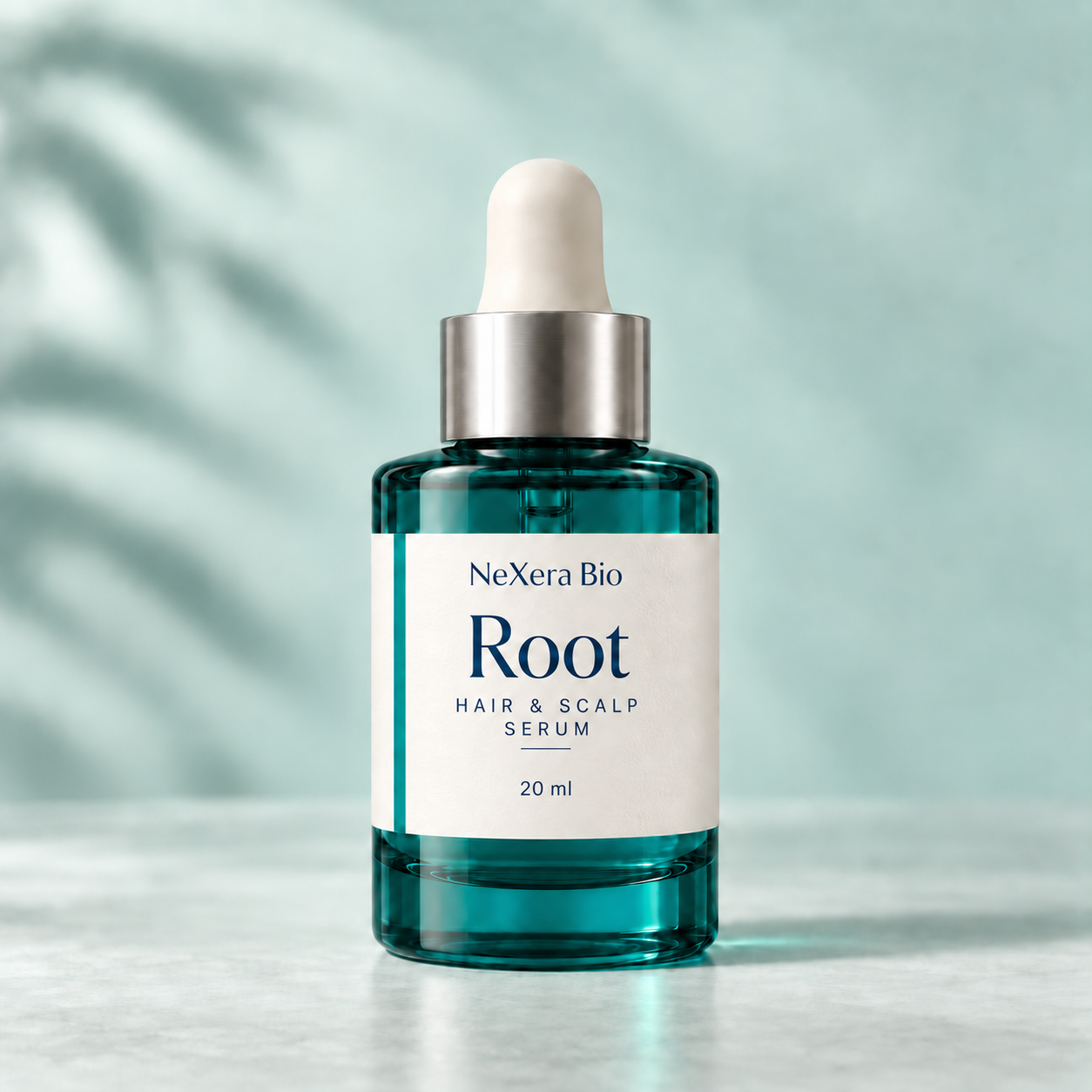 Illustrative compact NeXera Bio Root dropper bottle labeled Hair & scalp serum