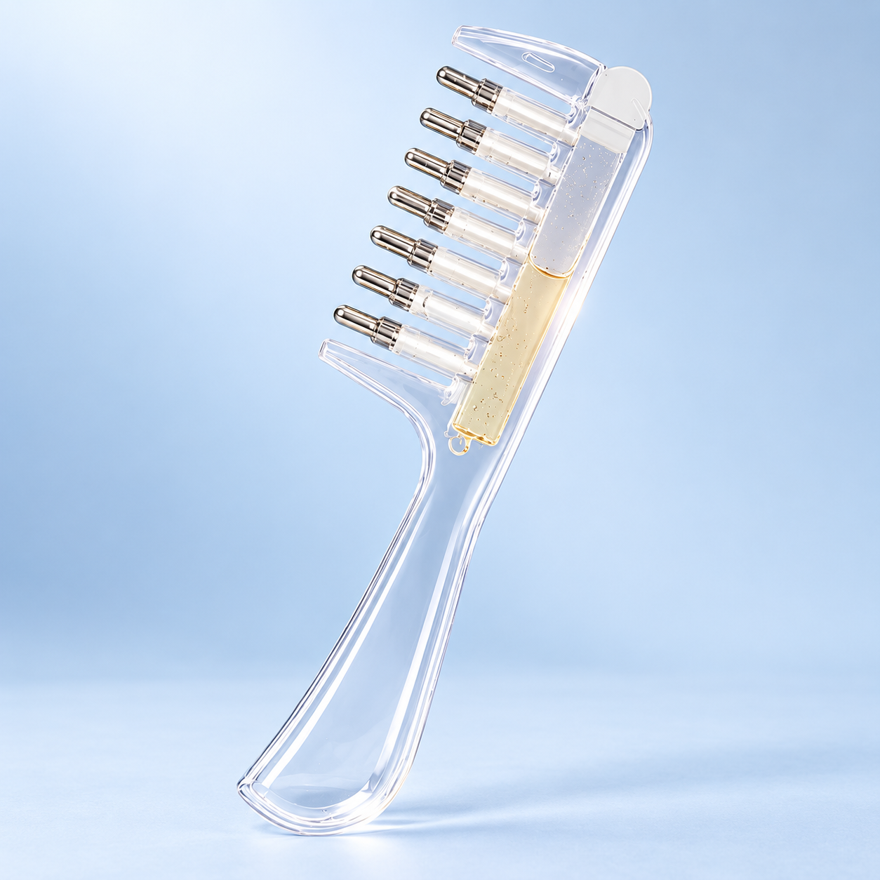 Illustrative serum-dispensing scalp comb based on the supplied product image
